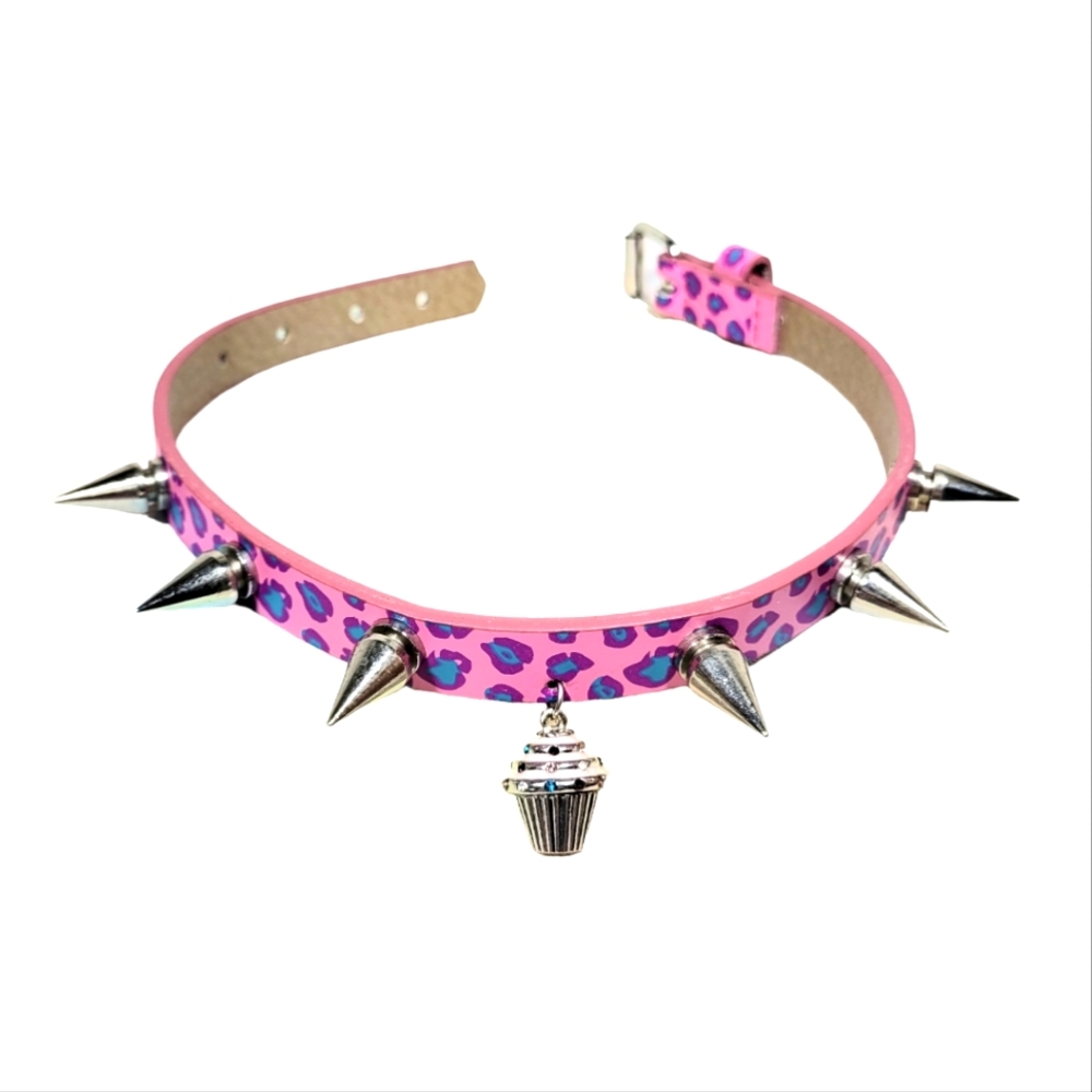 BBC handmade upcycled Cupcake spike buckle choker pink purple blue leopard print